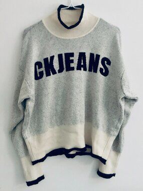 Calvin Klein Jeans Knit Sweater Grey Cream Cropped Boxy Fit Logo Size L Large